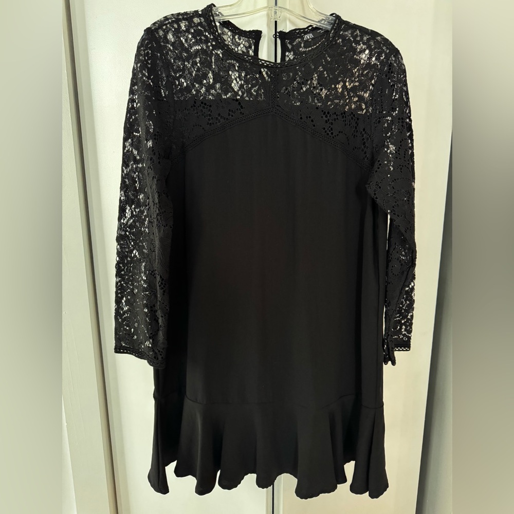 Zara Black Lace Panel Dress with Lace Hem